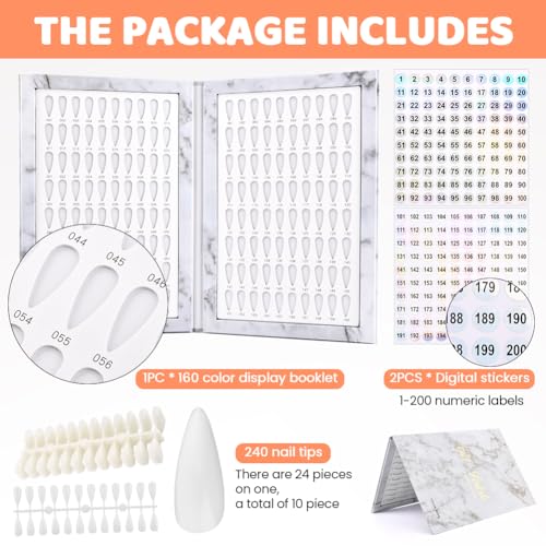 160 Nail Color Display Book with 240 Nail Tips & Number Stickers 1-200