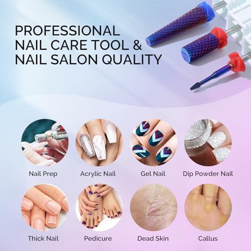 MelodySusie 3Pcs Nail Drill Bits Set, 3/32'' Carbide Tungsten Bits, Super Long 5 in 1, Flat Top Large Barrel and Cuticle Bits, Suitable for Manicure Pedicure Cuticle Gel Acrylic Remover, Purple - size: B Set