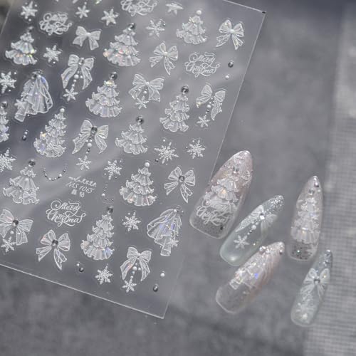 1 Sheet Christmas Nail Stickers 5D Embossed Winter Nail Decals White Snowflake Lace Xmas Tree Bow Nail Art Sticker with Rhinestones Design Christmas Nail Supplies for Women Manicure - color: Christmas02