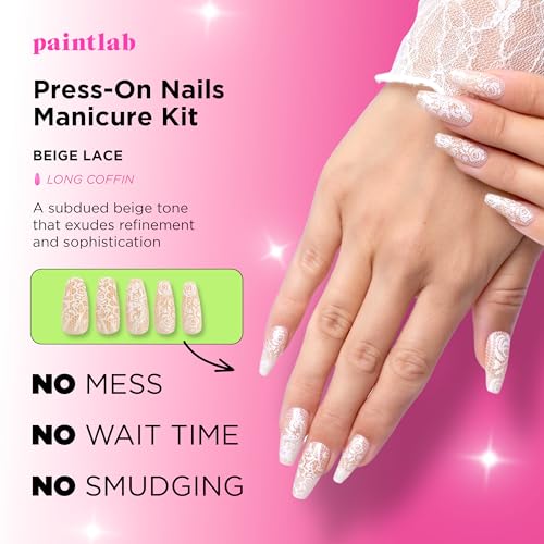 PaintLab Beige Lace Press On Nails, Long Coffin, 24pcs Nail Kit - color: Beige Lace