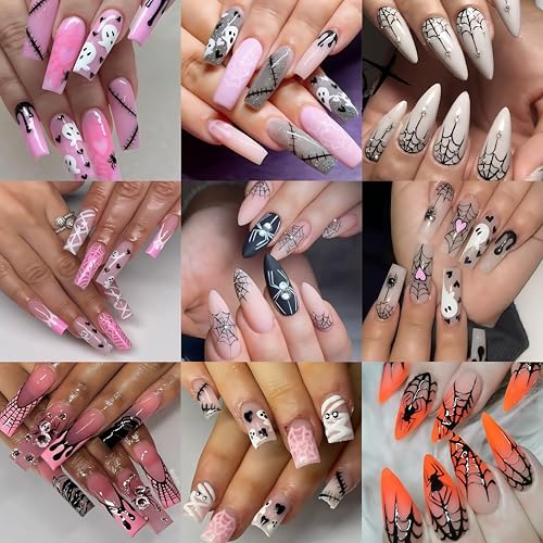 8 Sheets Spider Nail Art Stickers Halloween Ghost Nail Decals 3D Self-Adhesive Black White Heart Spider Web and Rhinestones Spiders Nail Design Acrylic Nails Decoration for Women Holiday Nail Charm - style: diamond ghost