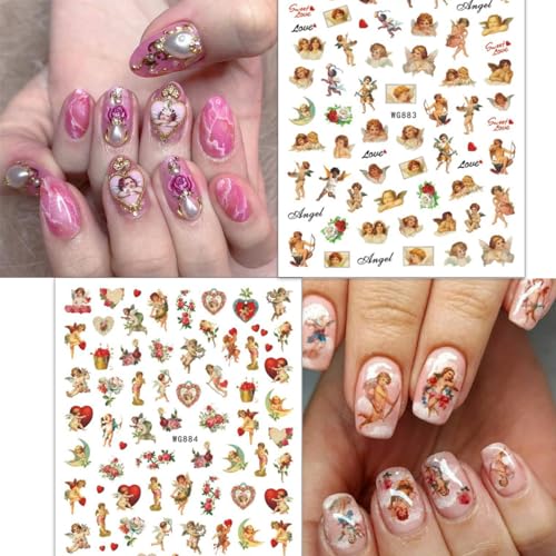 Cupid Angel Nail Stickers for Nail Art 8Sheets 3D Self Adhesive Cupid Nail Decals Valentines Day Angel Rose Flower Design Nail Art Sticker Love Heart Charms Nail Supplies Decoration for Women Manicure - style: angel-1