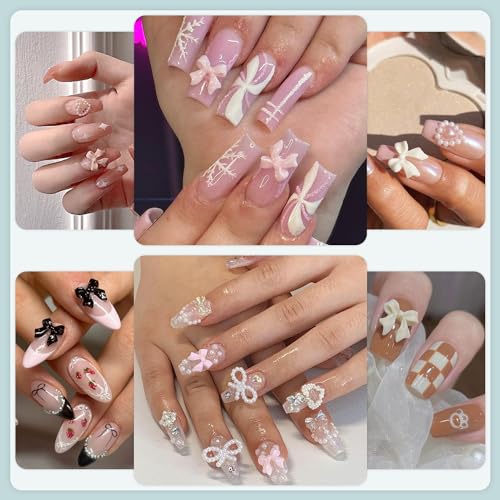 600Pcs 3D Nail Bow Charms and Flatback Pearls Nail Charms Set 5 with Glue - color: Set 6- 8 Colors C Style with Glue