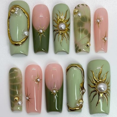 MISUD Press on Nails - Long Square Fake Nails with Green, Acrylic Gold Chrome Sun Star Design 24 pcs - color: 07814-09Green