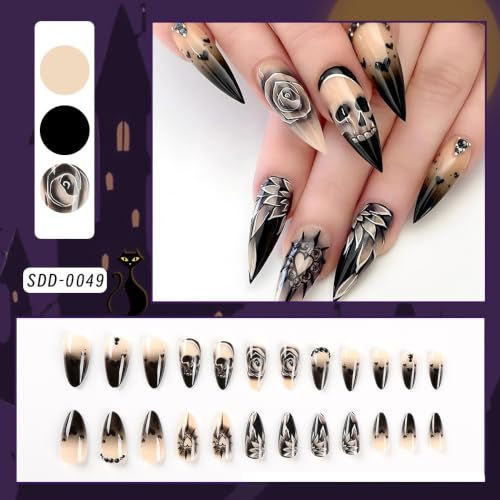Goth Press on Nails Black Almond Fake Nails 24Pcs - color: Halloween 5