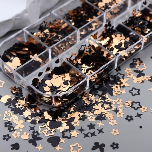 1 Box 2 Color Holographic Butterfly Hearts Nail Glitter Black Gold Nail Sequins 3D Star Flower Nail Flakes Sparkly Powder Flakes Shiny Nail Confetti Rabbits Chunky Glitter for Nails Art 12 Grids - color: Color 38