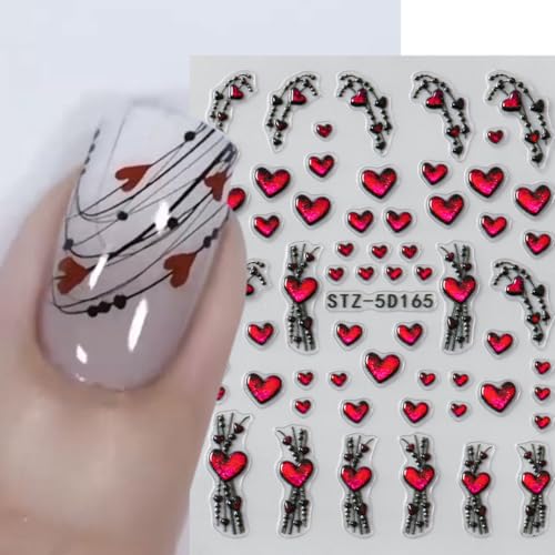 5D Valentine’s Day Nail Art Stickers 5D Embossed Pink Glitter Heart Nail Decals 2PCS Love Hearts Self-Adhesive Valentines Nail Art Decorations Supplies Heart Line Design Manicure Sliders for Women - style: glitter jelly heart line