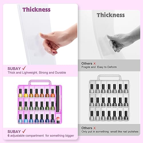 SUBAY 2 Pcs Portable Nail Polish Organizer, Clear Double Side Nail Polish Holder,Gel Nail Storage for 48 Bottles with 6 Adjustable Dividers in Each Side Space Saver Pink - size: 2 Pieces Pink