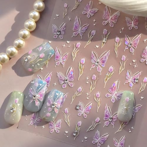 5D Embossed Purple Butterfly Nail Art Stickers with Silver Glitter Rhinestones Nail Decals Design Flower Nails Supply Spring Summer Nail Design Stickers Cute Nail Art Supplies for Women Manicure - style: 5D Embossed Nail Stickers-7