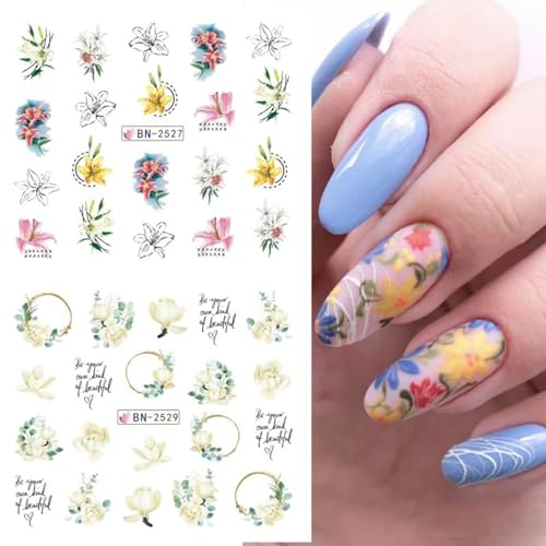 Flower Nail Art Stickers, Flower Nail Decals Water Transfer Nail Art Supplies Summer Lily Orchid Butterfly Small Floral Flowers Spring Nail Tattoo Stickers Accessories for Women Girls(12Sheets) - style: Floral