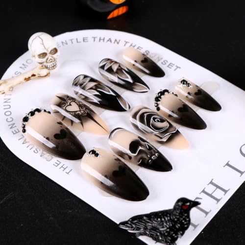 Goth Press on Nails Black Almond Fake Nails 24Pcs - color: Halloween 5