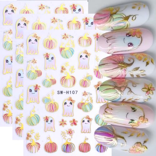 Halloween Pumpkin Nail Art Stickers Gilded Pumpkin Ghost Nail Art Decals 5 Sheets 3D Self-Adhesive Glitter Pumpkins Stickers Colorful Ghost Flower Nail Design for Women Thanksgiving Nail Supplies - color: Halloween Style13