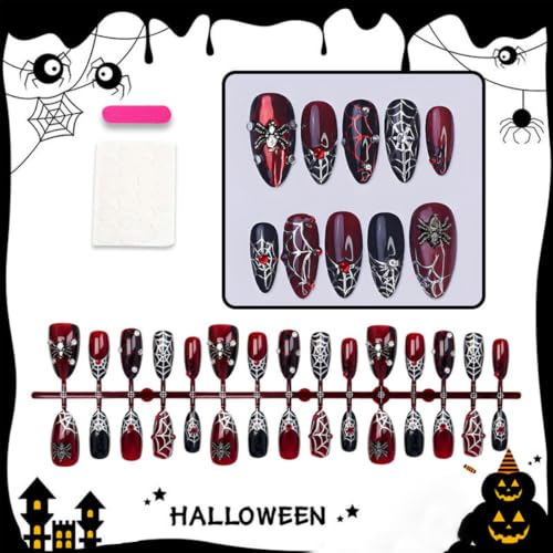 Halloween Press on Nails Medium Almond Gothic Dark Red Fake Nails with 3D Spider & Spider Web Rhinestone Design Spooky Full Cover Glue On Nails Goth Acrylic False Nail for Women Holiday Manicure 30Pcs - color: special Halloween-12