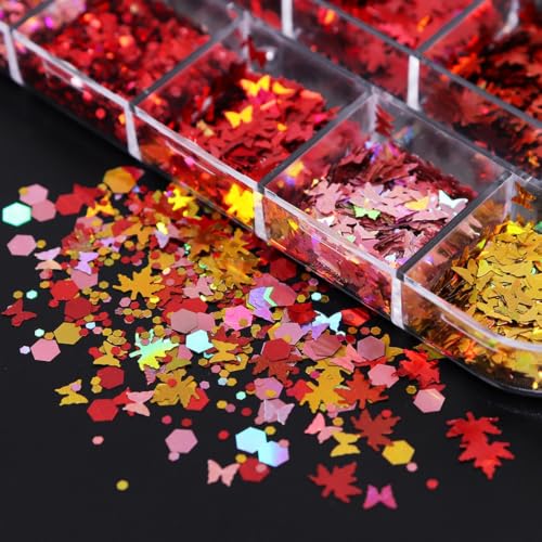 Fall Maple Leaf Nail Glitter Sequins Autumn Holographic Leaf Flakes 1 Box - color: W24