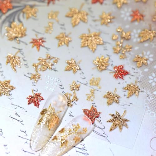 Fall Nail Stickers for Nail Art Autumn Maple Leaves Nail Decals 5D Embossed Thanksgiving Day Gold Maple Leaf Nail Art Supplies Red Leaf Nails Accessories for Women - color: Decals-h