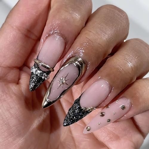 MISUD Press on Nails - Long Stiletto Fake Nails with Black French Tip, Acrylic Gold Chrome Star Design 24 pcs - color: 06103-01-06Black