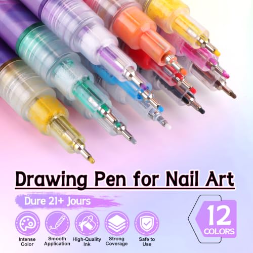 12 Colors Nail Art Pens Set, TOROKOM Nail Art Markers 3D Nail Polish Pens - color: 12 Color-D