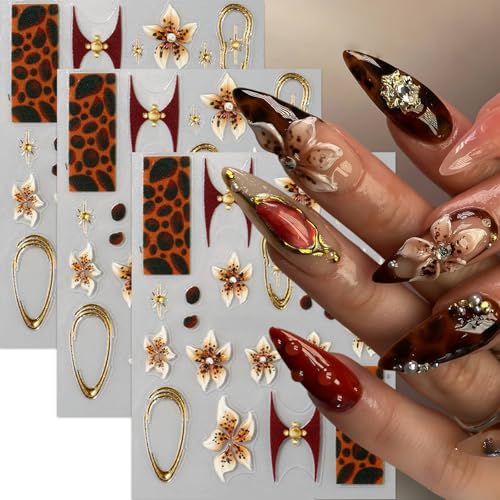 3 Sheets Brown Leopard Print Nail Stickers 5D Embossed Floral Nail Decals Exquisite Line Fall Brown Leopard Print Flower Nails Design Gold Stars Nails Supplies for Women Autumn Winter Manicure Decor - style: leopard flower