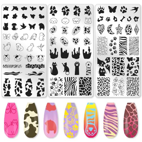 3Pcs Cute Animals Nail Stamping Plate Set Cat Puppy Butterfly Nail Stamp Templates Zebra Cow Texture Metal Reusable Tools with Stamper Scraper for Manicure Printing - color: Animal Pattern