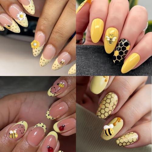 150Pcs Cartoon Bee Nail Charms for Nail Art Cute Flower Nail Charms Five Petal Bee Honey Jar Resin Nail Art Charms Sunflower Bees-Themed Nail Accessories Daisy Nail Supplies for Women Acrylic Nails - color: yellow