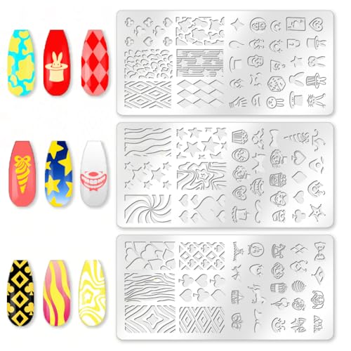 benikmake 3pcs Clown Nail Stamping Plate Nail Printing Stainless Stencil for Manicure Salon Poker Element 6x12cm 2.36x4.7inch - color: Clown