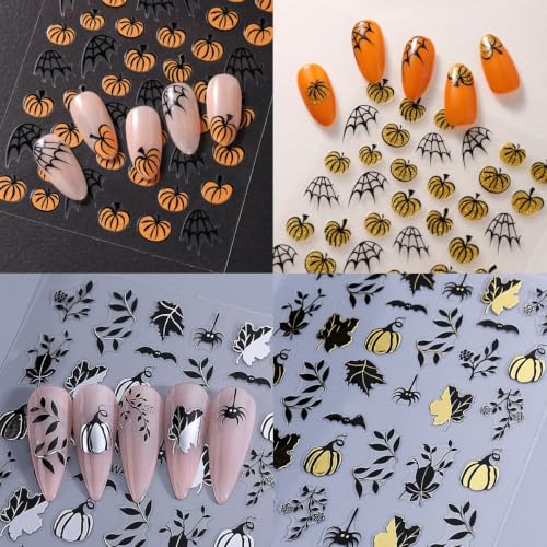 8 Sheets Halloween Pumpkin Nail Stickers 3D Self-Adhesive Spider Web Nail Decals Black Maple Leaf Glitter Pumpkin Nails Design Cute Spider Nail Supplies Manicure Sticker for Women Holiday Decoration - style: spider web