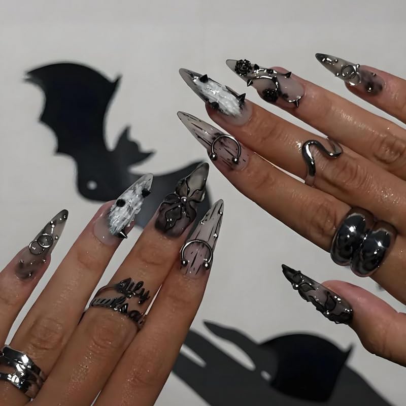 24Pcs Gothic Press on Nails Long Stiletto Floral Fake Nails with 3D Black Rose Metal Piercing Spikes Beads Design Punk Style Acrylic Nails Y2K Almond False Nails Goth Flower Glue on Nail for Women - color: style06
