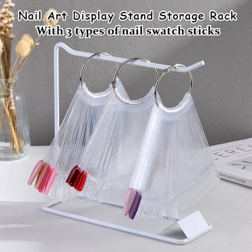 150 Pcs Nail Swatch Sticks with Ring & Nail Art Display Stand Storage Rack - color: White Shelf 150pcs