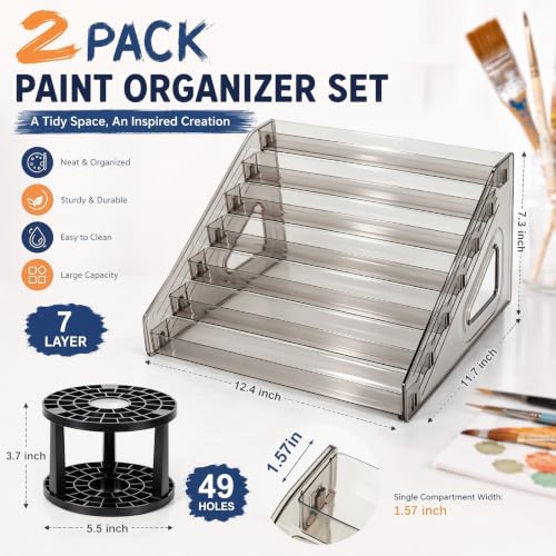 4 Pcs 7 Tier Acrylic Paint Organizer Rack + Paint Brush Holder Storage Set