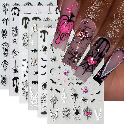 Halloween Nail Stickers for Nail Art 6 Sheets Self-Adhesive Spider Web Ghost Diamond Spider Bat Nail Art Stickers Halloween Spooky Decals Spiders Bat Sticker Holiday DIY Manicure Decoration for Women - style: Fall