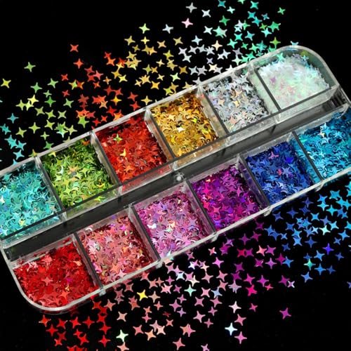 1 Box 12 Color Holographic Star Nail Glitter Silver Gold Nail Sequins 3D Colorful Nail Flakes Sparkly Glitter Flakes Shiny Nail Glitter Laser Nail Sequins Glitter for Nails Art 12 Grids - color: YHN28