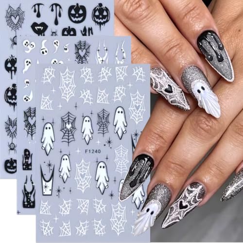 Halloween Nail Art Sticker Pumpkin Spider Web Nail Sticker 6Pcs French 3D Self-Adhesive Pumpkin Heart Spider Web Nails Decals French Flame Nail Supplies Accessories for Halloween Manicure Decoration - color: Pumpkin Spider Web