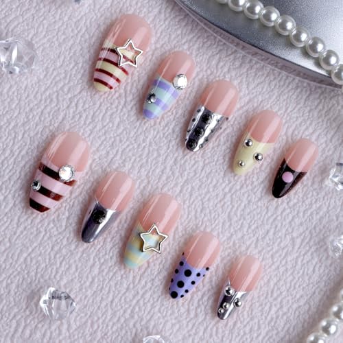 Cute Y2K Press on Nails Medium Almond French Tip Fake Nails 24Pcs - color: style-27