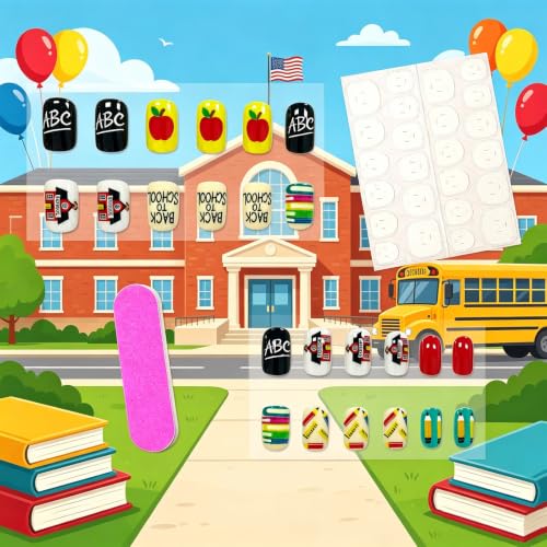 Press on Nails Back To School Pencil Ruler Book Short Square Fake Nails - color: Red apple