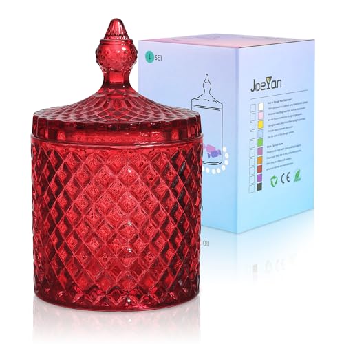Joeyan 18 oz Red Glass Jars with Lid,Embossed Candy Dishes,Diamond Faceted Glass Food Container,Decorative Jewelry Box Canisters,Colored Kitchen Bathroom Storage Organizer,Gifts for Wedding Buffet - color: Red