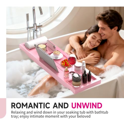 Foldable Bathtub Tray Caddy with Soap Dish Adjustable 29.5-43'' Pink - color: Pink