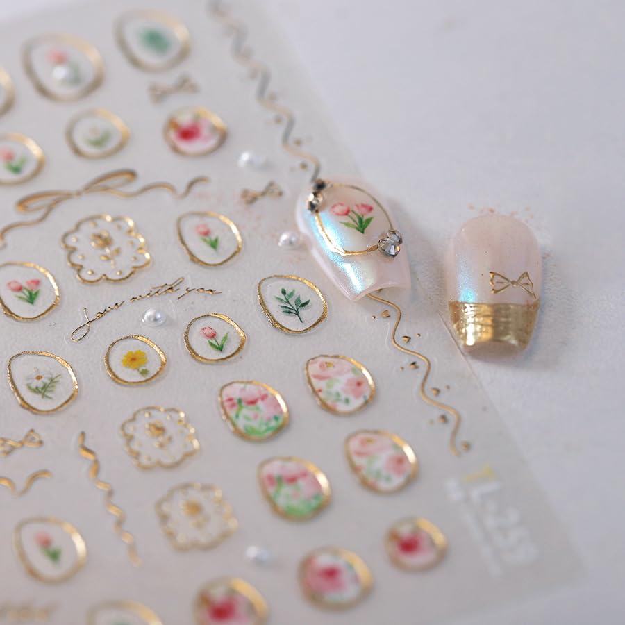 1 Sheet Flower Nail Stickers 5D Embossed Nail Art Stickers Decals Tulip Glue Irregular Geometric Frames Nail Decals Gold Hollow Designs Nail Supplies Pink Floral Manicure Decor Accessories for Women - style: tulips