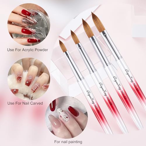 4PCS Acrylic Nail Brush Set, Kolinsky Hair, Oval Crimped Pressed Shaped, Size 6/8/12/16 - Red Metal Handle Professional Manicure Powder Brush for DIY Home Salon - color: A+4pcs Gradient Red Silver, size: 4PCS
