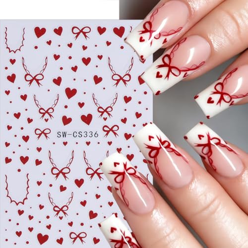 4 Sheets Valentines Nail Stickers 3D Self-Adhesive Red Hearts Nail Art Stickers with Colorful Love Hearts Bow Designs Retro Graffiti Double Heart Nail Decals Holiday Nail Art Supplies for Women DIY - style: Bow Nail Stickers-12