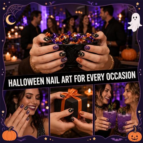 Halloween Press On Nails, Almond Ghost Gold Foil Design, Nude Brown - color: style 10