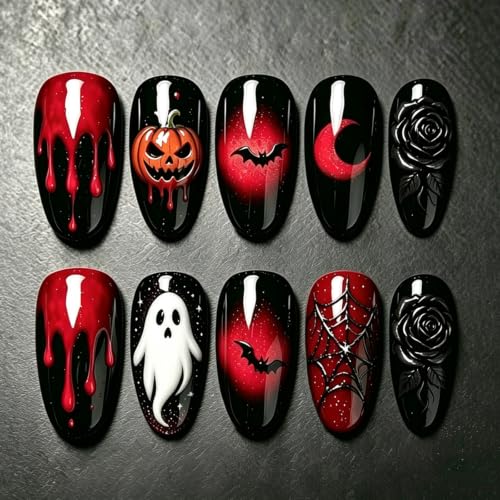 Halloween Press on Nails Medium Almond, Red and Black Gothic False Nails 30Pcs - color: halloween-design16
