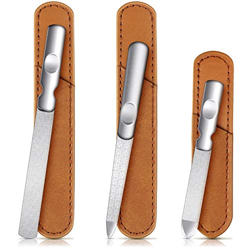 3 Pcs Stainless Steel Nail File Kit with Leather Case, Double Sided, Brown - color: Brown
