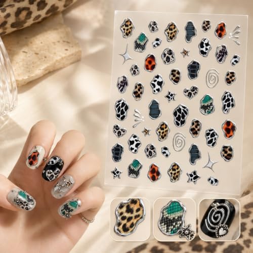 1 Sheet Animal Print Nail Art Stickers with Leopard Snake Cow Prints 5D Embossed Self Adhesive Nails Decals Sliver Edges Design with Star Irregular Shapes Nail Supplies for Women Manicure Decorations - color: Animal Print