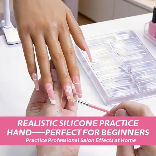 Practice Hand for Acrylic Nails, Silicone Hand, 120 Tips & Stand - color: light skin