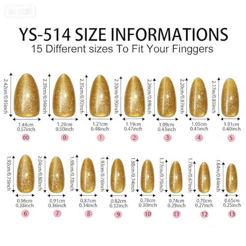 Gold Cat Eye Press on Nails Medium Almond Glitter Yellow Fake Nails 30 Pcs - color: Style-15