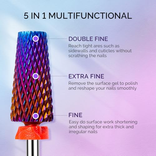 MelodySusie 3Pcs Nail Drill Bits Set, 3/32'' Carbide Tungsten Bits, 5 in 1, Smooth Round Top Large Barrel and Tornado Bits, Suitable for Manicure Pedicure Cuticle Gel Acrylic Remover, Purple - size: A Set