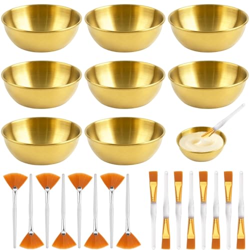 24Pcs Esthetician Supplies for Facials Set, Including 8 Gold Stainless Steel Facial Mixing Bowls, 8 Fan Mask Brushes & 8 Flat Brushes, Face Mask Cosmetic Applicators Kit for Spa Home Use