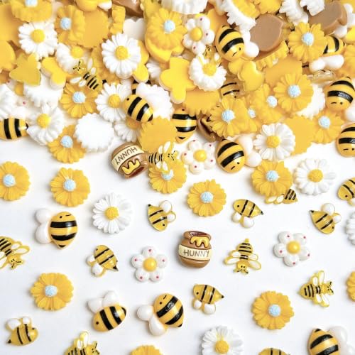150Pcs Cartoon Bee Nail Charms for Nail Art Cute Flower Nail Charms Five Petal Bee Honey Jar Resin Nail Art Charms Sunflower Bees-Themed Nail Accessories Daisy Nail Supplies for Women Acrylic Nails - color: yellow
