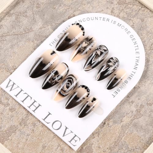 Goth Press on Nails Black Almond Fake Nails 24Pcs - color: Halloween 5