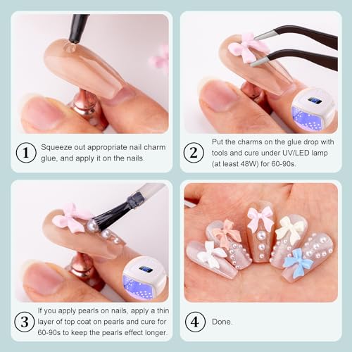 600 Pcs 3D Nail Bow Charms and Flatback Pearls Nail Charms Set 11 - color: Set 11- 8 Colors